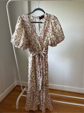 MINKPINK Cream Maxi Dress with Pink & Green Floral Print